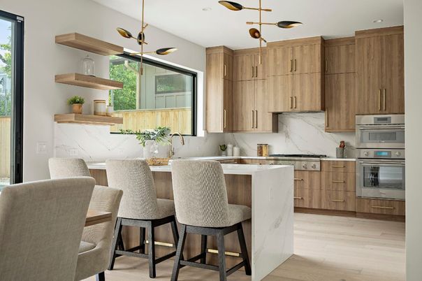 Interior, Kitchen, Marble Walls, Pendant Lights, Recessed Lighting, Stainless Steel Appliances, Wood Texture Flooring