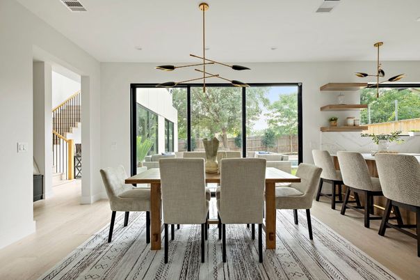 Dining room, Interior, Pendant Lights, Wood Texture Flooring