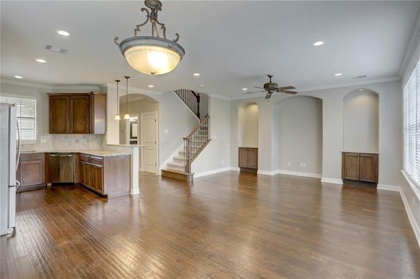 Interior, Kitchen, Pendant Lights, Recessed Lighting, Wood Texture Flooring