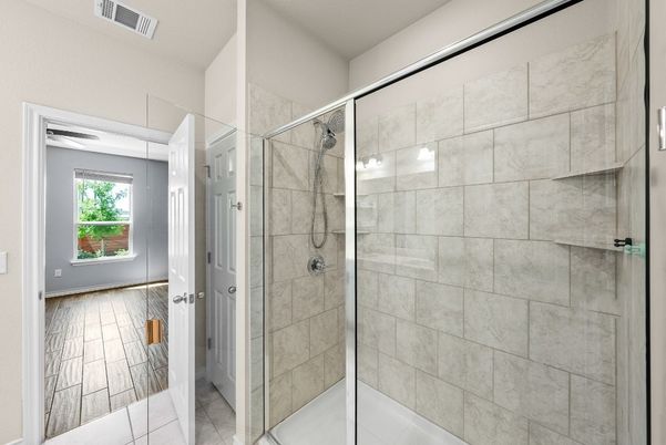 Bathroom, Glass Shower, Interior, Wood Texture Flooring
