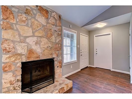 Empty room, Fireplace, Interior, Stone Walls, Wood Texture Flooring