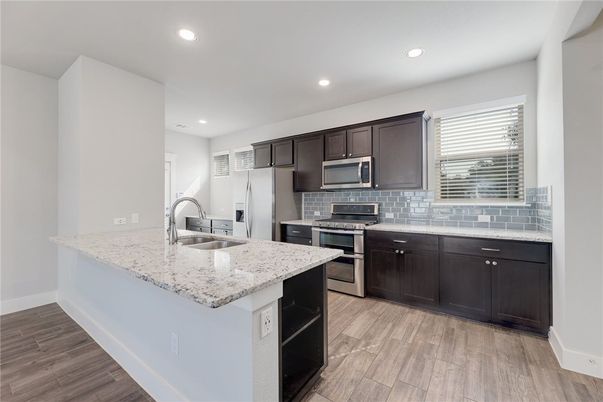 Interior, Kitchen, Recessed Lighting, Stainless Steel Appliances, Wood Texture Flooring