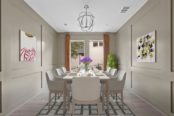 Dining room, Interior, Pendant Lights, Recessed Lighting, Wood Texture Flooring