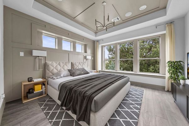 Bedroom, Interior, Pendant Lights, Recessed Lighting, Wood Texture Flooring