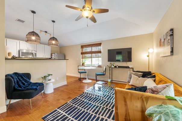 Interior, Kitchen, Living room, Pendant Lights, Stainless Steel Appliances, Wood Texture Flooring
