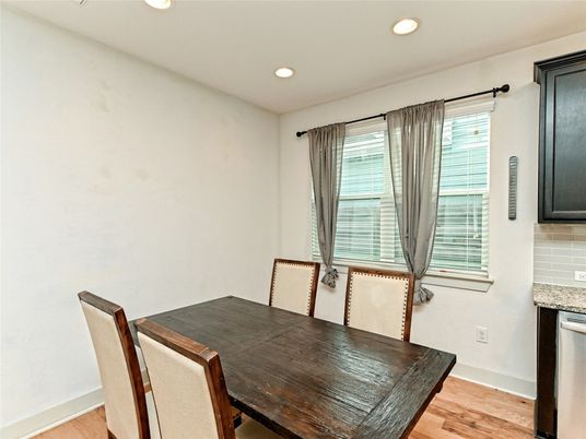 Dining room, Interior, Recessed Lighting, Wood Texture Flooring