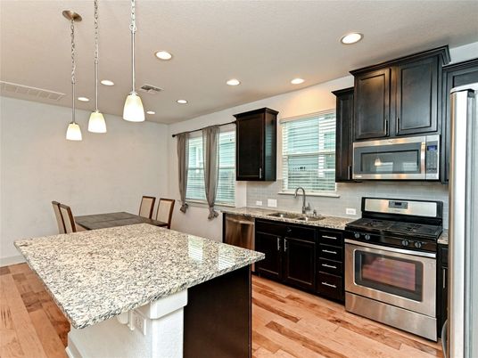 Interior, Kitchen, Pendant Lights, Recessed Lighting, Stainless Steel Appliances, Wood Texture Flooring