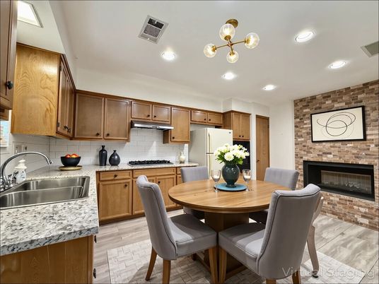 Dining room, Fireplace, Interior, Kitchen, Pendant Lights, Recessed Lighting, Stone Walls, Wood Texture Flooring