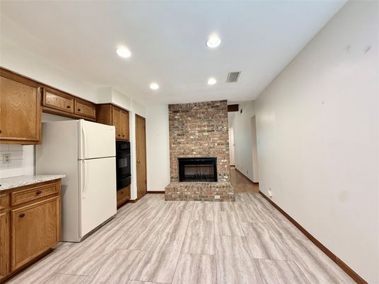 Fireplace, Interior, Kitchen, Recessed Lighting, Stone Walls