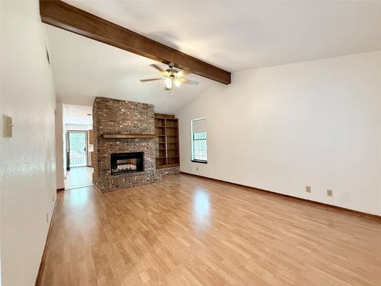Empty room, Fireplace, Interior, Wooden Beams, Wood Texture Flooring