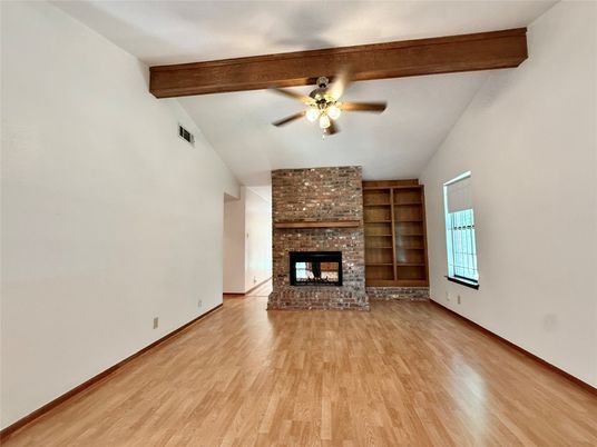 Empty room, Fireplace, Interior, Wooden Beams, Wood Texture Flooring