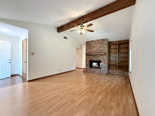 Empty room, Fireplace, Interior, Wooden Beams, Wood Texture Flooring