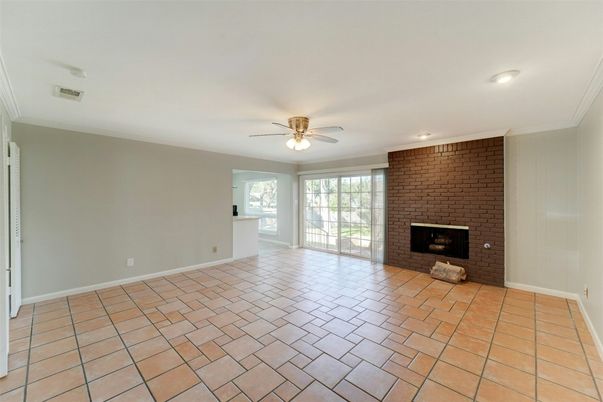 Empty room, Fireplace, Interior, Recessed Lighting, Stone Walls
