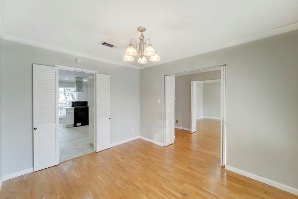 Chandelier, Empty room, Interior, Kitchen, Recessed Lighting, Wood Texture Flooring