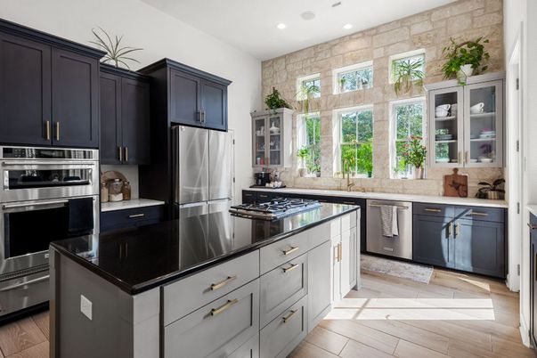 Interior, Kitchen, Recessed Lighting, Stainless Steel Appliances, Stone Walls, Wood Texture Flooring