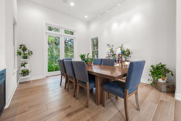 Dining room, Interior, Recessed Lighting, Wood Texture Flooring