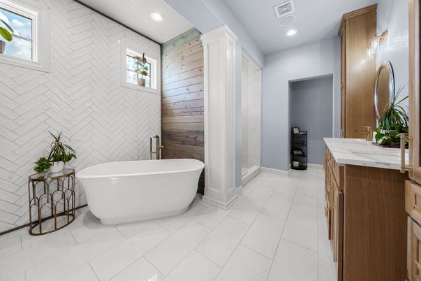 Bathroom, Free Standing Baths, Interior, Recessed Lighting, Wooden Walls