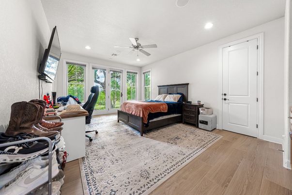 Bedroom, Home Office, Interior, Recessed Lighting, Wood Texture Flooring