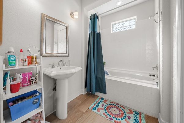 Bathroom, Interior, Recessed Lighting, Wood Texture Flooring