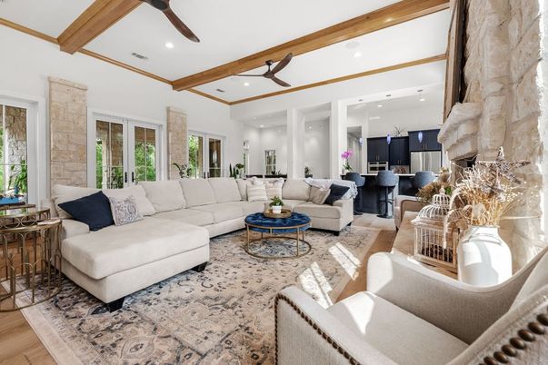 Dining room, Interior, Living room, Recessed Lighting, Stone Walls, Wooden Beams, Wood Texture Flooring