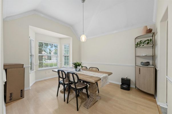 Dining room, Interior, Pendant Lights, Wood Texture Flooring