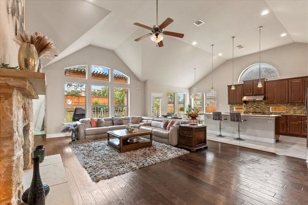 Fireplace, Interior, Kitchen, Living room, Pendant Lights, Recessed Lighting, Wood Texture Flooring