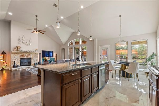 Dining room, Fireplace, Interior, Kitchen, Living room, Pendant Lights, Recessed Lighting, Wood Texture Flooring