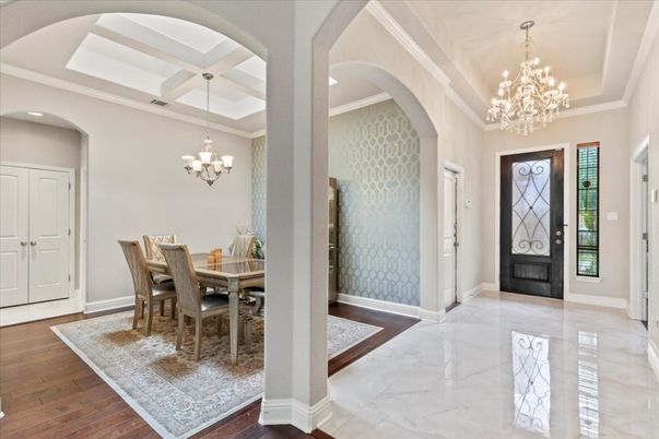Chandelier, Dining room, Interior, Wood Texture Flooring