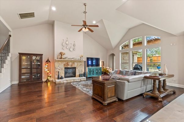 Fireplace, Interior, Living room, Recessed Lighting, Wood Texture Flooring