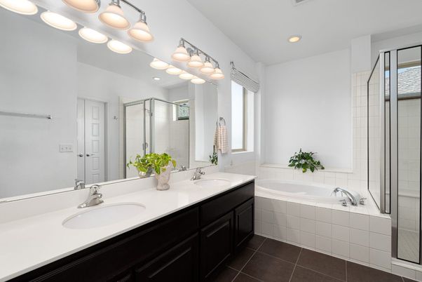 Bathroom, Dual Sink Vanities, Glass Shower, Interior, Recessed Lighting