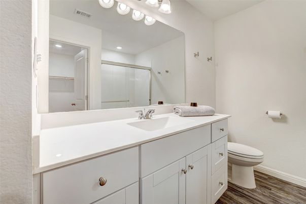 Bathroom, Interior, Recessed Lighting, Wood Texture Flooring