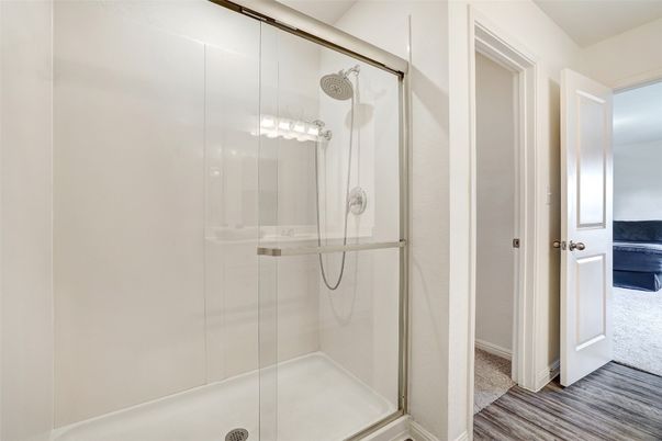 Bathroom, Glass Shower, Interior, Wood Texture Flooring