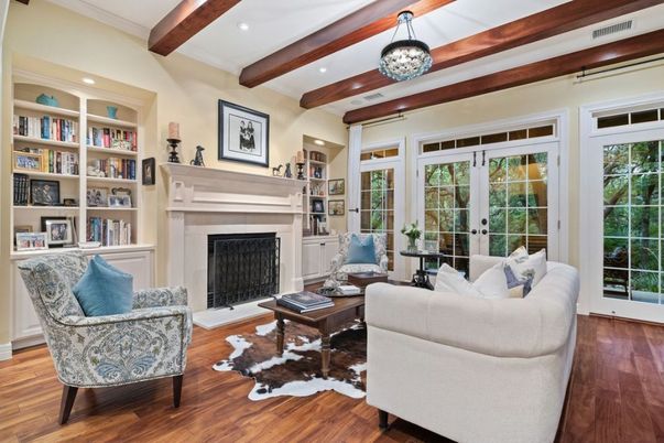 Fireplace, Interior, Living room, Recessed Lighting, Wooden Beams, Wood Texture Flooring