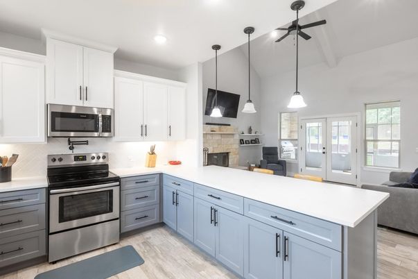 Fireplace, Interior, Kitchen, Pendant Lights, Recessed Lighting, Stainless Steel Appliances, Wood Texture Flooring