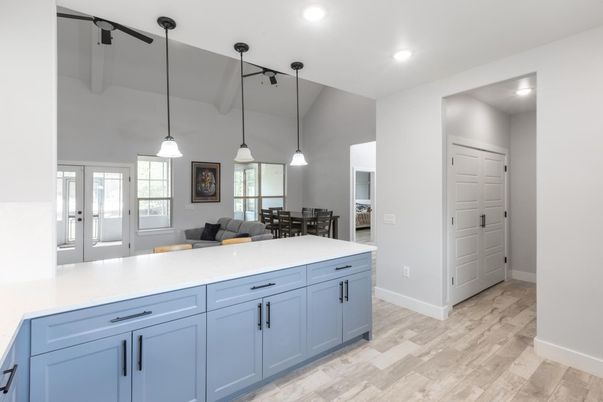 Dining room, Interior, Kitchen, Pendant Lights, Recessed Lighting, Wood Texture Flooring