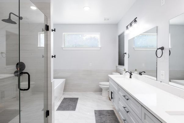 Bathroom, Dual Sink Vanities, Glass Shower, Interior, Marble, Recessed Lighting