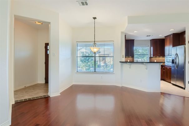 Empty room, Interior, Kitchen, Pendant Lights, Recessed Lighting, Wood Texture Flooring