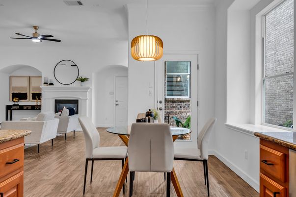 Dining room, Fireplace, Interior, Living room, Pendant Lights, Wood Texture Flooring