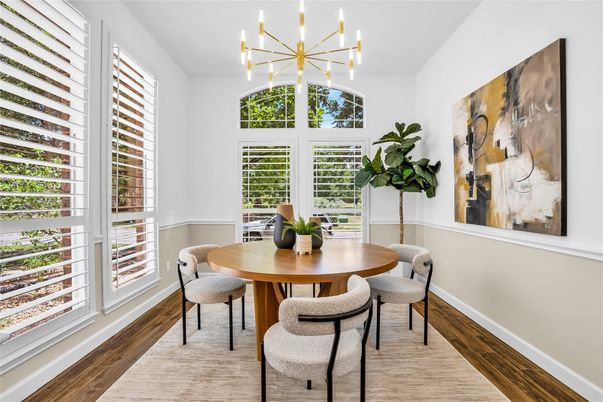 Dining room, Interior, Pendant Lights, Wood Texture Flooring