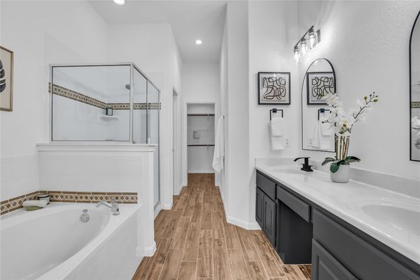 Bathroom, Dual Sink Vanities, Glass Shower, Interior, Recessed Lighting, Wood Texture Flooring
