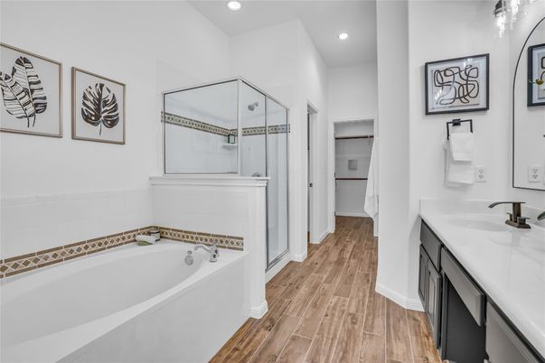 Bathroom, Dual Sink Vanities, Interior, Recessed Lighting, Wood Texture Flooring