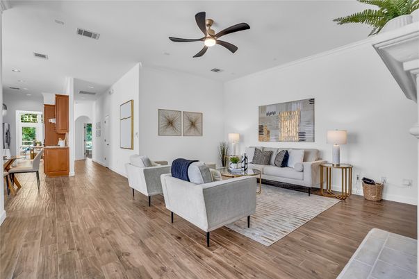Interior, Living room, Recessed Lighting, Wood Texture Flooring