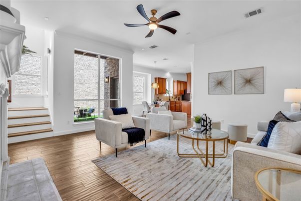Interior, Living room, Pendant Lights, Recessed Lighting, Wood Texture Flooring