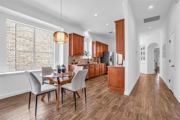 Dining room, Interior, Kitchen, Pendant Lights, Recessed Lighting, Wood Texture Flooring