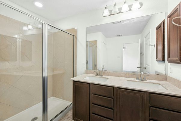Bathroom, Dual Sink Vanities, Glass Shower, Interior, Recessed Lighting