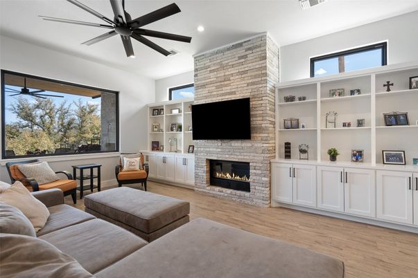 Fireplace, Interior, Living room, Recessed Lighting, Wood Texture Flooring