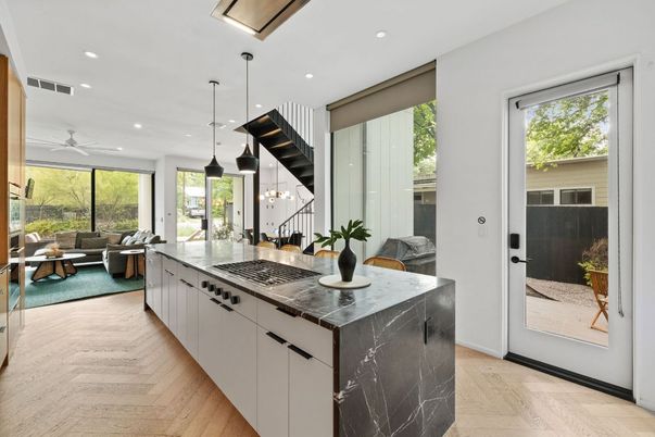 Interior, Kitchen, Living room, Pendant Lights, Recessed Lighting, Wood Texture Flooring