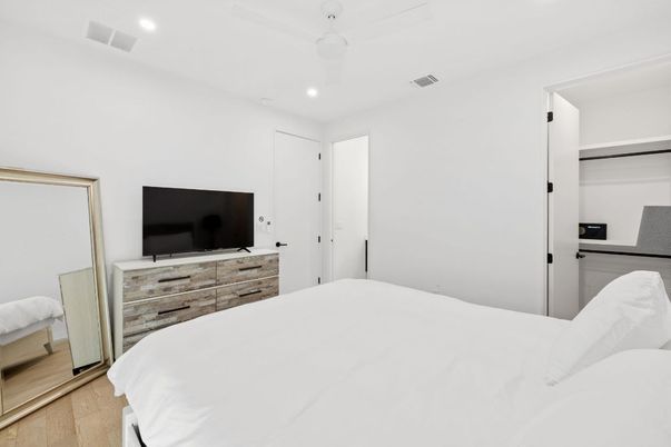 Bedroom, Interior, Recessed Lighting, Wood Texture Flooring