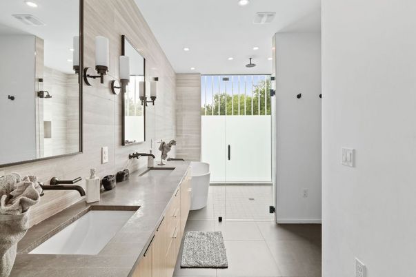 Bathroom, Dual Sink Vanities, Glass Shower, Interior, Recessed Lighting