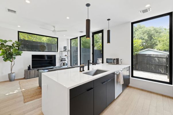 Interior, Kitchen, Pendant Lights, Recessed Lighting, Wood Texture Flooring
